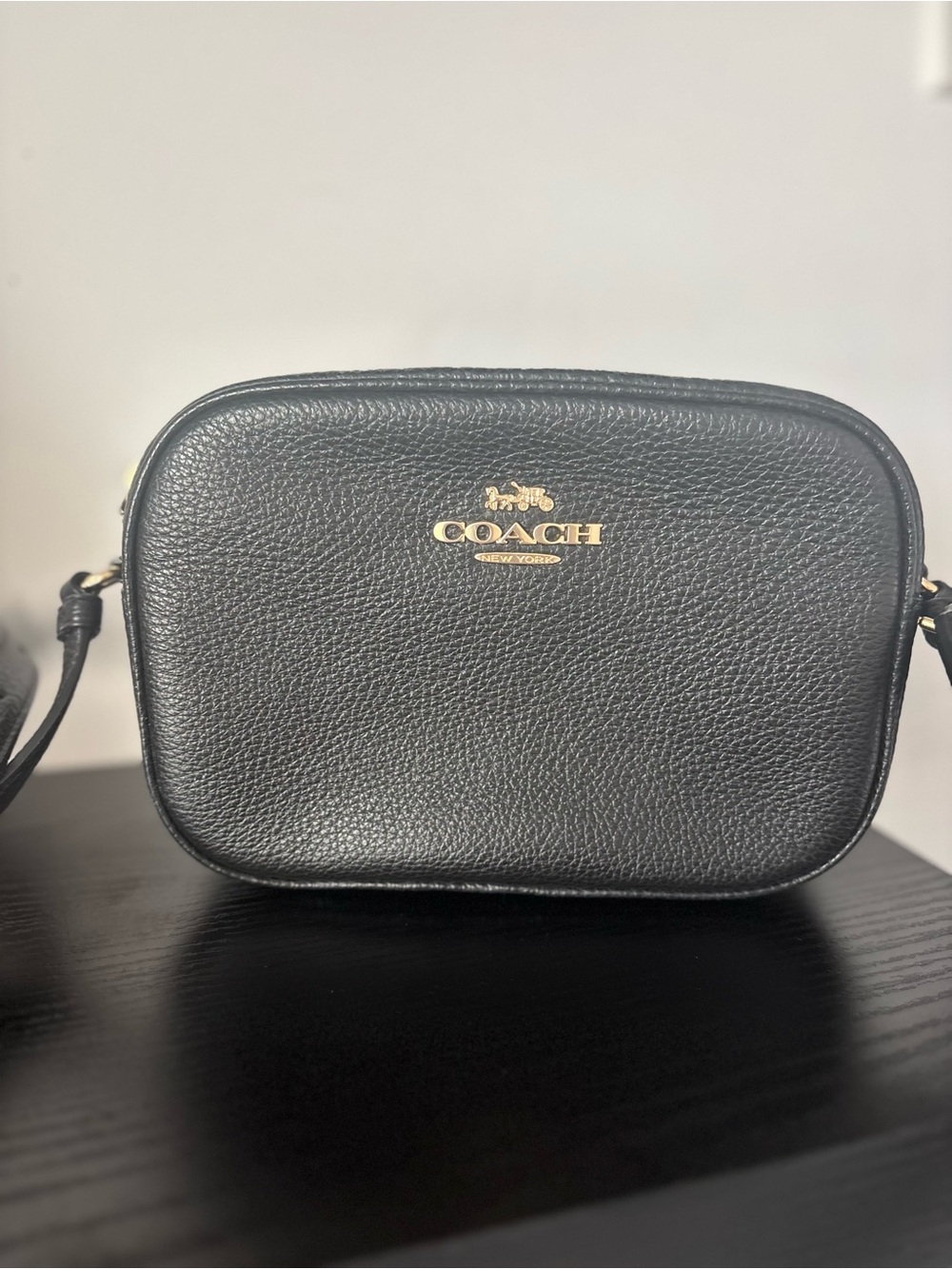 Coach Black Pebbled Leather Camera Bag with Gold Logo